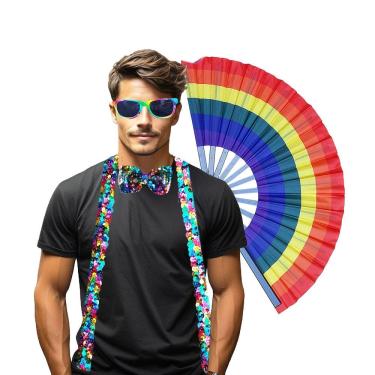 Imagem de Kit Suspensório Arco-Íris LGBT Lantejoula Paetê 4 Produtos: Óculos + Gravata + Suspensório + Leque