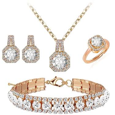 Imagem de Paxuan Conjunto de Joias de Casamento Feminino com Strass de Cristal para Noivas, Colar com Pingente de Noiva, Brincos e Pulseiras para Mulheres, Zircônia Cúbica