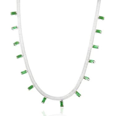 Imagem de JINHUI Colar gargantilha de corrente de cobra banhado a ouro 18 K para mulheres, colar delicado espinha de peixe, esmeralda/azul celeste/turmalina rosa/rubi/ametista/colar de pedra do mês de nascimento de cristal branco, Sem pedras preciosas