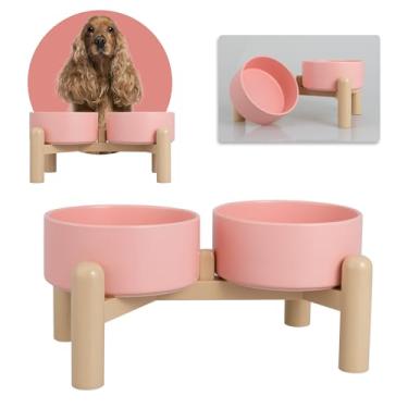 Imagem de Conjunto de 2 tigelas de cerâmica elevada para cães - Pratos duplos com suporte antiderrapante - Tigelas elevadas para comida e água - Ideal para cães pequenos a médios - cada uma comporta 2 xícaras