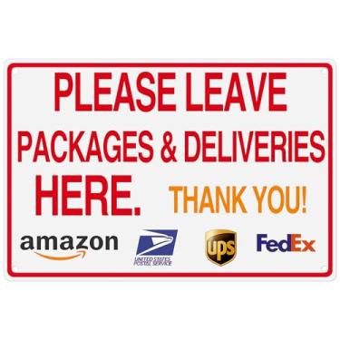 Imagem de 1 placa de entrega para pacotes - Deixe pacotes e entregas aqui, com seta para baixo, 30 x 20 cm - Alumínio - Instruções de entrega para pedidos de meus pacotes da Amazon, UPS, FedEx, USPS