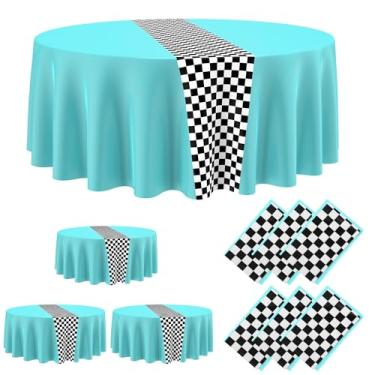 Imagem de Oudain 3 peças de artigos de festa de aniversário de carros, decorações de festa de corrida, toalha de mesa redonda com bandeira quadriculada, toalha de mesa de plástico para estrada, 213 cm, azul