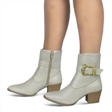 Imagem de Bota Feminina Western Couro Legítimo Off-White Salto Bloco 8808 - flor