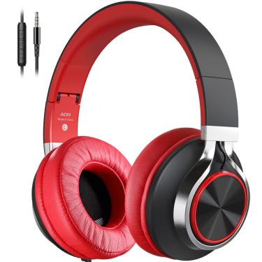 Imagem de Fones de ouvido coosii AC01 Over Ear com fio com microfone preto e vermelho