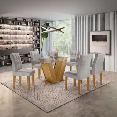 Imagem de Conjunto Sala de Jantar Mesa Classic Tampo de Vidro 6 Cadeiras Vitória Cel Móveis Ypê/Suede