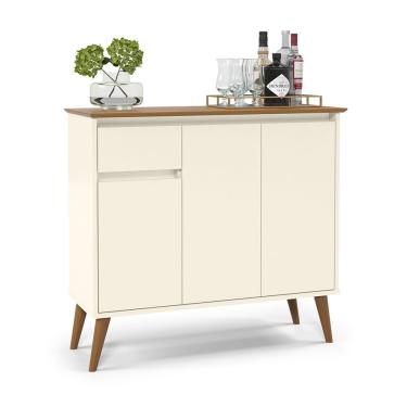 Imagem de Aparador Buffet 3 Portas Versátil Pés Pinus Madeira Maciça Gaveta Organizadora Veneza - Off White/Freijó - Lojas rpm