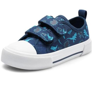 Imagem de Harvest Land Tênis infantil de lona para meninos e meninas – Sapatos de caminhada casuais com alças duplas de velcro, tênis leves antiderrapantes para bebês e crianças pequenas, Dinossauro azul, 12