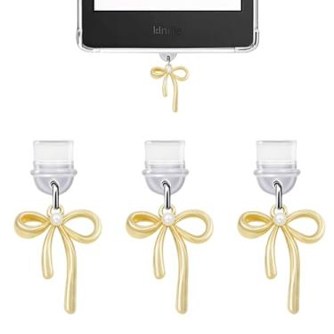 Imagem de 3 pingentes para Kindle, pingente de plugue de poeira com laço dourado compatível com Kindle com porta de carregamento tipo C, presente de coquete para amantes de livros, leitores, homens, mulheres