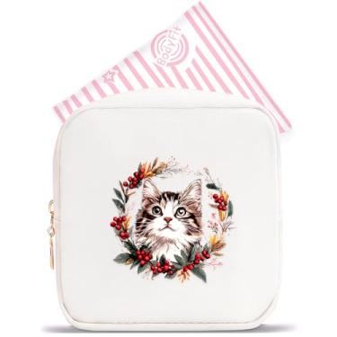 Imagem de BJDAMAI Mini bolsa de maquiagem, linda bolsa de cosméticos portátil com zíper para meninas adolescentes e crianças, pequena bolsa de armazenamento para almofada higiênica, moeda, batom, joias!, Gato