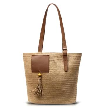 Imagem de QTKJ Sacola feminina, bolsa de praia de palha, bolsas tecidas à mão, bolsa de ombro de grande capacidade adequada para férias e viagens diárias, Caqui, One Size