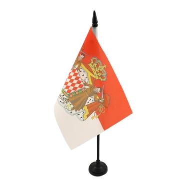 Imagem de Bandeira de mesa de brasão de Mônaco 12,7 cm x 20,3 cm - Monégasque - Bandeira de mesa de Monacans 21 x 14 cm - Bastão e base de plástico preto - Drapeau Monaco avec Armes AZ FLAG