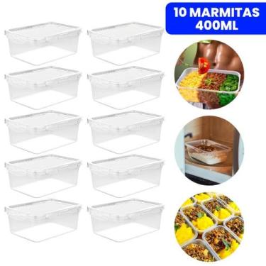 Imagem de Kit 10 Potes Marmita Fit 400ML Retangular Com Tampa 4 Travas Jogo de P