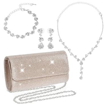 Imagem de Rbenxia Conjunto de joias femininas com strass para noite, 4 peças, com glitter, bolsa de embreagem e brincos, pulseiras para mulheres, noivas, casamentos, festas noturnas, Standard, Strass, Strass