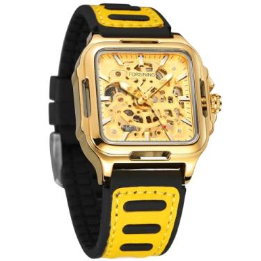 Imagem de FORSINING Relógio de pulso masculino à prova d'água esqueleto elegante, automático, Steampunk, pulseira de silicone, luminoso, quadrado (ouro dourado), Ouro, ouro, Moderno