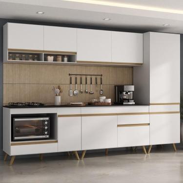 Imagem de Cozinha Modulada Completa Compacta 5 Peças Com Balcão Para Cooktop Veneza Multimóveis Mp2266 Branco Dourado