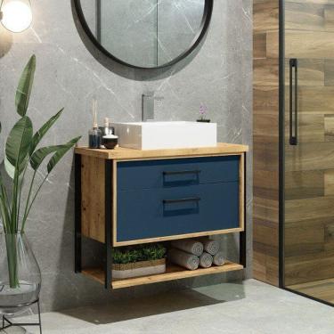 Imagem de Gabinete Suspenso Para Banheiro 80cm 2 Gavetas Isabela Darabas Agardi Azul Petróleo