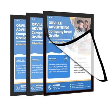 Imagem de KIBBEH Pacote com 3 porta-documentos magnéticos pretos de acrílico – moldura de exibição de parede de 21,6 cm x 28 cm com suporte autoadesivo, abertura sem esforço para uso horizontal/vertical no