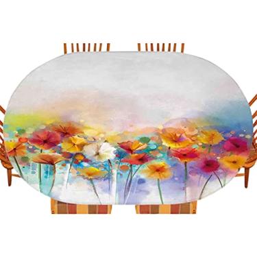 Imagem de Toalha de mesa oval de flor, buquê texturizado em uma inflorescência de expressão artesanal nova tinta, uso em festivais de jantar interno e externo, serve para mesa de 122 x 172 cm, laranja e