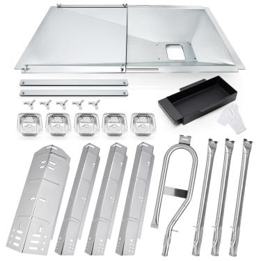 Imagem de Hiorucet Peças de reposição de bandeja de graxa ajustável para churrasqueira a gás Dyna Glo 4 queimadores DGH450CRP, placas térmicas de aço inoxidável, tubos de queimador para peças de churrasqueira