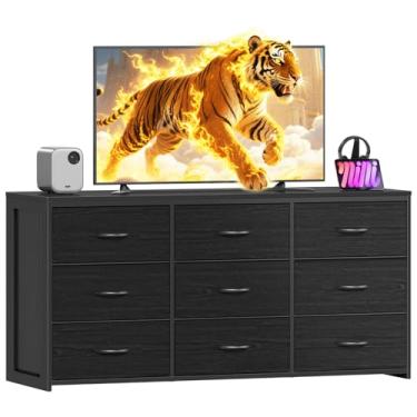 Imagem de OURPIC Cômoda preta para quarto, cômoda longa para armário, suporte de TV com 9 gavetas para TV de 65 polegadas, gaveta de tecido de profundidade de 40 cm, organizador de armazenamento grande para