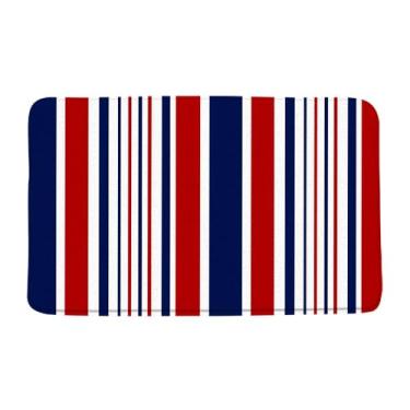Imagem de VPUPCN Tapete de banho azul marinho vermelho branco abstrato listras geométricas modernas simples linhas náuticas clássicas microfibra memória espuma tapete de banheiro capacho cozinha vaso sanitário