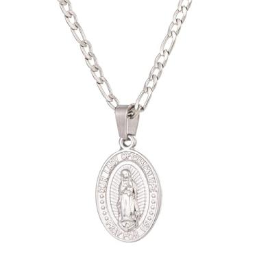Imagem de SAELACY Colar com pingente de Virgem Maria Nossa Senhora de Guadalupe em ouro 14K prateado para mulheres e homens, pingente oval da Virgem Maria com colar de corrente Fígaro, chain length:18"+2", Aço
