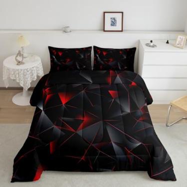 Imagem de jejeloiu Conjunto de edredom vermelho e preto, tamanho casal, estampa geométrica, para meninos, meninas, adolescentes e adultos, edredom de arte estética, respirável, macio, 3 peças