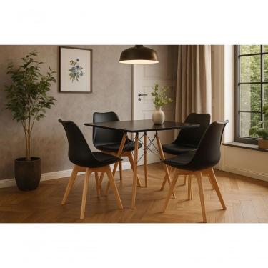 Imagem de Mesa Eiffel Eames Elegante Cozinha Sala Jantar 80cm Quadrada E 4 Cadeiras Leda Wood Cor Preto