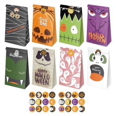 Imagem de JWSCYSY 24 unidades de sacos de guloseimas de Halloween, sacolas de brindes com adesivos, mini papel de doces ou travessuras para lembrancinhas de festa infantil.