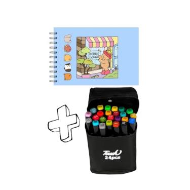 Imagem de Kit Livro de Colorir Bob.Goods + 24 Canetas Ponta Dupla | Capa Dura Holográfica, Papel Premium | Ursinhos Fofos – Ideal para Crianças e Adultos - CAPA AZUL