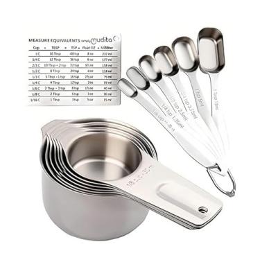 Imagem de Conjunto de copos e colheres de aço inoxidável, 13 peças. 7 copos de metal pesado para medição. 6 colheres de encaixe longas e manuseadas. Ingrediente seco ou líquido. Medida métrica gravada. Tabela de conversão magnética de bônus