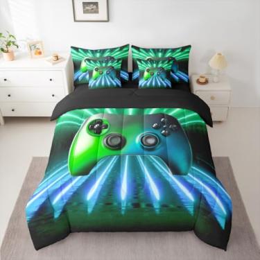 Imagem de Erosebridal Jogo de cama casal com gamepad verde e azul, 7 peças, em uma bolsa com lençóis, jogo de edredom moderno para jogos, linha neon