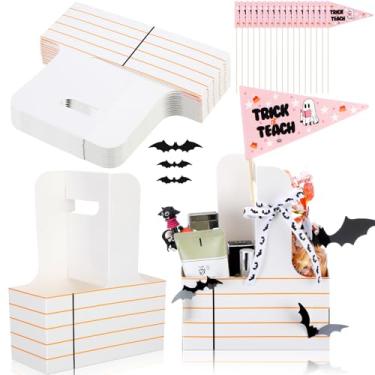 Imagem de Leinuosen Conjunto de 12 kits de decoração de Halloween para professores com bandeira, decoração de morcego e fita, suportes de copo descartáveis de papelão com alça, cesta Boo ou presente para
