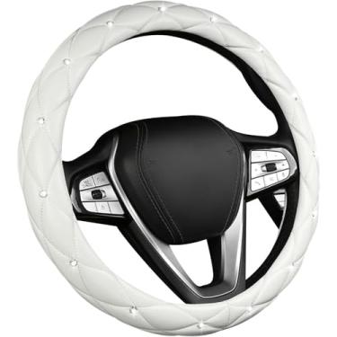 Imagem de Capa de volante de carro brilhante, capa de roda automotiva de couro macio antiderrapante de 38 cm, strass de cristal para mulheres e meninas, acessórios de decoração universal para carro (branco)