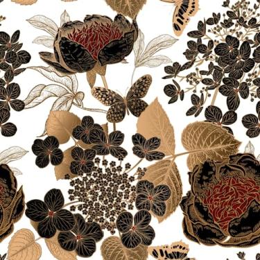 Imagem de MAGAFA Papel de parede floral ouro/preto/vermelho peônias, hortênsias e borboletas vintage papel de parede autoadesivo removível para gabinete quarto locatário amigável 45 x 300 cm