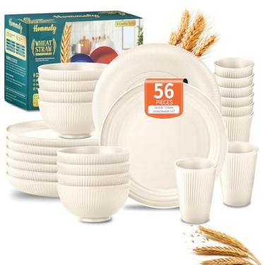 Imagem de Conjuntos de louça de palha de trigo, 56 peças de pratos e tigelas bege para 8 unidades, inquebráveis, reutilizáveis, prato de jantar, tigela de cereal, xícara/utensílios, lavável no micro-ondas, 56P