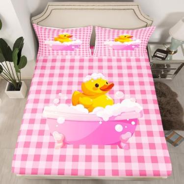 Imagem de Erosebridal Jogo de lençol infantil casal com estampa de pato amarelo, rosa, quadriculado, animal de estimação, animais de estimação, patos para adolescentes e meninos