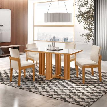 Imagem de Conjunto de Jantar Mesa Florença Tic 120cm X 80cm Tampo Mdf e Vidro com 4 Cadeiras Mônaco Castanho Cinamomo/Creme/Off White