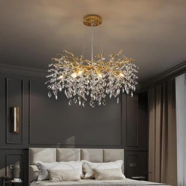 Imagem de Puvaue Lustres de galhos de árvore de luxo redondo cristal pendente luz 8 luzes de teto para sala de jantar quarto sala de estar entrada ouro 60 cm