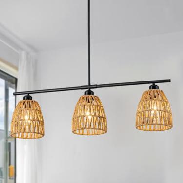 Imagem de Lustre de vime Boho para luminária de sala de jantar, iluminação rústica de ilha de cozinha de casa de fazenda de 31,5 polegadas, luminária suspensa sobre mesa com abajur tecido à mão, altura