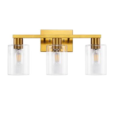 Imagem de Luminária de banheiro dourada com 3 luzes, luzes modernas em ouro escovado com persianas de vidro transparente, lâmpada de arandela de parede de banheiro para espelho sala de estar quarto corredor