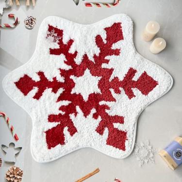 Imagem de YRXRUS Tapete de banheiro de floco de neve de Natal, decorações de Natal, tapete em forma de neve vermelha branca, sala de estar, quarto, cozinha, quarto infantil, tapete de varanda, tapetes de área de destaque 65 x 65 cm