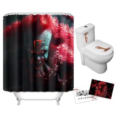 Imagem de VOOCAT Cortina de chuveiro de Halloween – Palhaço pesadelo inspirada no Sinistro Pennywise The IT, decoração de férias temáticas de filme de terror, cortina de banho de poliéster impermeável com 12