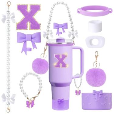 Imagem de MOTEERLLU Conjunto de acessórios de copo Stanley roxo de 9 peças para copo de 850 g 1,8 g com alça, incluindo enfeite de palha de arco e bota, alça de alça de pérola e pingente de alça, adesivo de