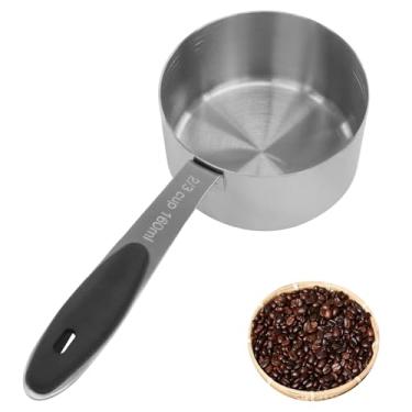 Imagem de Waziaqoc Copo medidor de café de 2/3 xícaras, colher de medição de aço inoxidável de 160 ml, colher de comida de gato para cães de 153 g com alça preta confortável para cozinhar, animais de estimação