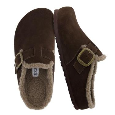 Imagem de CUSHIONAIRE Tamancos femininos de couro genuíno Haven – Sapatos femininos sem cadarço com forro de pele sintética com palmilha de cortiça e fivela ajustável, Marrom, 10 Wide