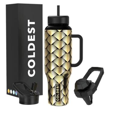 Imagem de Copo Coldest com alça e canudo - Copo isolado 100% à prova de vazamento com tampa e canudo (3 tampas) - Copos de aço inoxidável para mulheres e homens - Base compatível com porta-copos, 1,304 g