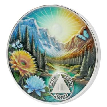Imagem de Leafence Moeda AA Sobriedade Serenidade Oração Recuperação Chip Montanha e Natureza Design Medalhão AA Inspirador Sobriedade Token para Marcos de Recuperação (Daylight Mountain Sunrise, 2 Anos)