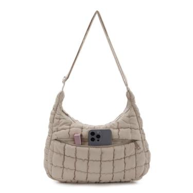 Imagem de Fecialy Bolsa tiracolo acolchoada e inchada para mulheres, leve, de nylon, Hobo, bolsa de ombro macia, bolsa fofa para uso diário, Marrom Latte, 35.5 x 10 x 30cm/14 x 4 x 12inches
