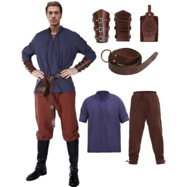 Imagem de Fantasia renascentista masculina medieval conjunto de fantasia viking masculina Halloween acessórios de fantasia renascentista, Azul marinho, GG
